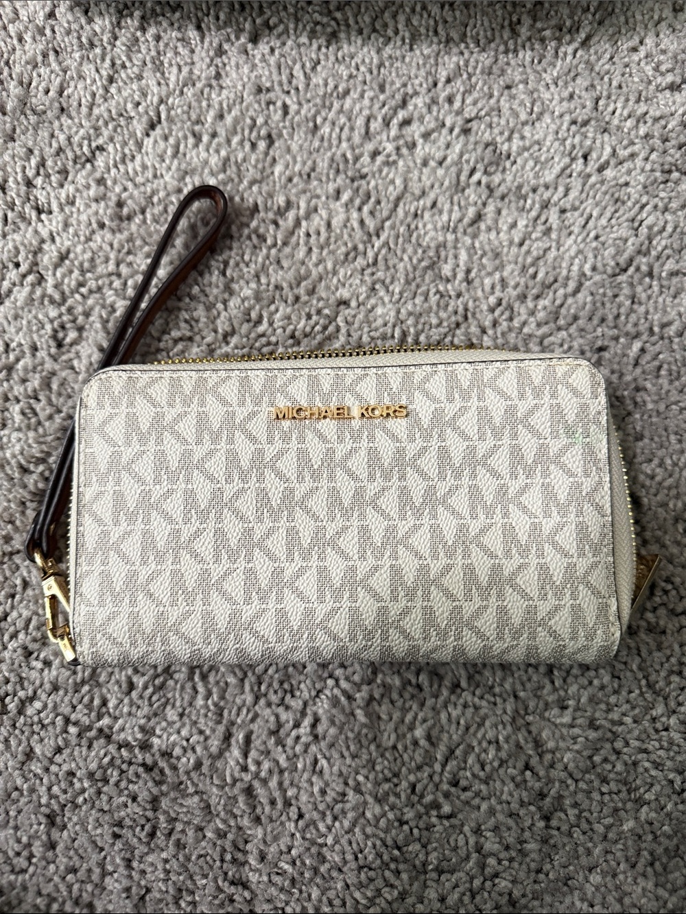 Michael Kors Cream Signature MK Logo Zip Wristlet with Brown Strap